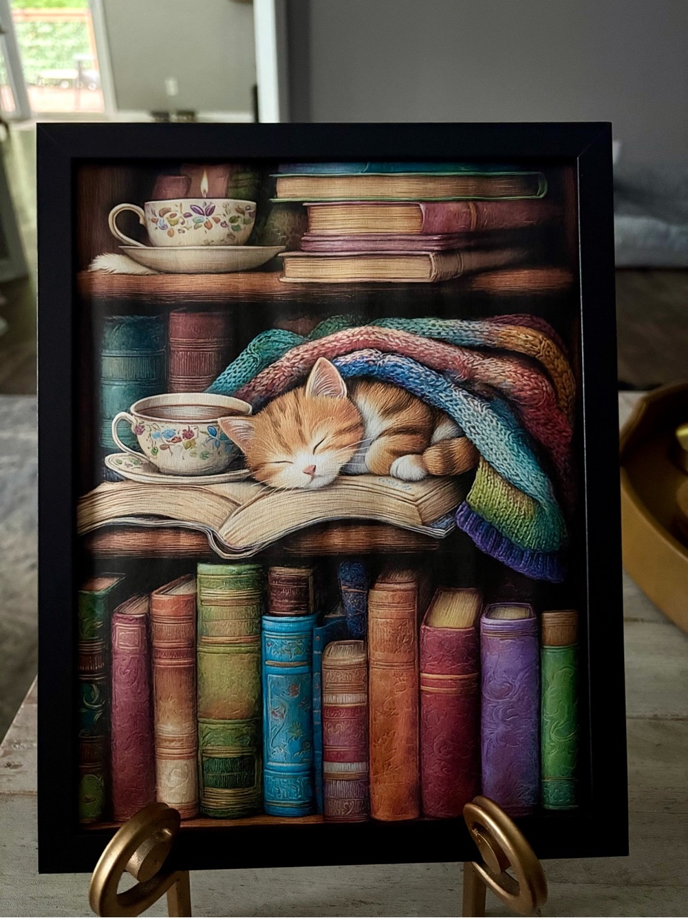 Cozy Cat on Books Framed 8x10 Wall Art